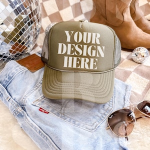 Olive Green Otto Cap Trucker Hat Mockup Tan Hat Mock Beach Hat Trucker Hat Cap Mockup Baseball Cap Mockup Mesh Mockup Trendy Western Mockup