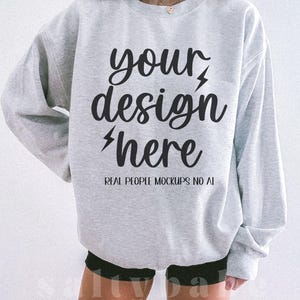 Ash Grey Gildan 18000 Sweatshirt Mockup Western Mock Up Ash Gray Sweater Trendy Oversized Crewneck Real Model Boho Aesthetic Coastal Cowgirl