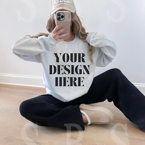 Ash Grey Gildan 18000 Sweatshirt Mockup Western Mock Up Ash Gray Sweater Trendy Oversized Crewneck Real Model Boho Aesthetic Coastal Cowgirl