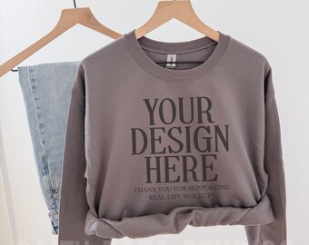 Charcoal Gildan 18000 Crewneck Mockup Trendy Preppy Mocks Aesthetic Sweatshirt Mockup Charcoal Boho Mockup Oversized Sweatshirt Gray MockUp
