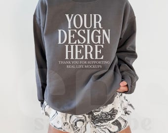 Charcoal Gildan 18000 Crewneck Mockup Trendy Preppy Mocks Aesthetic Sweatshirt Mockup Charcoal Boho Mockup Oversized Sweatshirt Sport MockUp