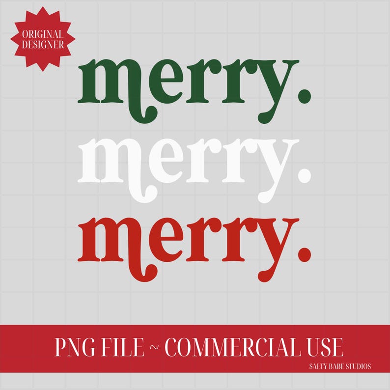 May include: A digital design featuring the word "merry" in three different colors: green, white, and red. The design includes the text "PNG FILE ~ COMMERCIAL USE" and "ORIGINAL DESIGNER". The background is a light gray grid.