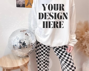 Gildan 18000 Crewneck Sweatshirt Mockup Trendy Western Coastal Cowgirl White Styled Sweater Real Model Mock Up Boho Aesthetic G180 Mocks