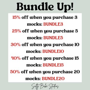 May include: A promotional graphic with the text "Bundle Up!" in bold black letters. The graphic lists discounts of 15% to 50% off when purchasing multiple items, with corresponding discount codes. The text is in black and red on a white background.