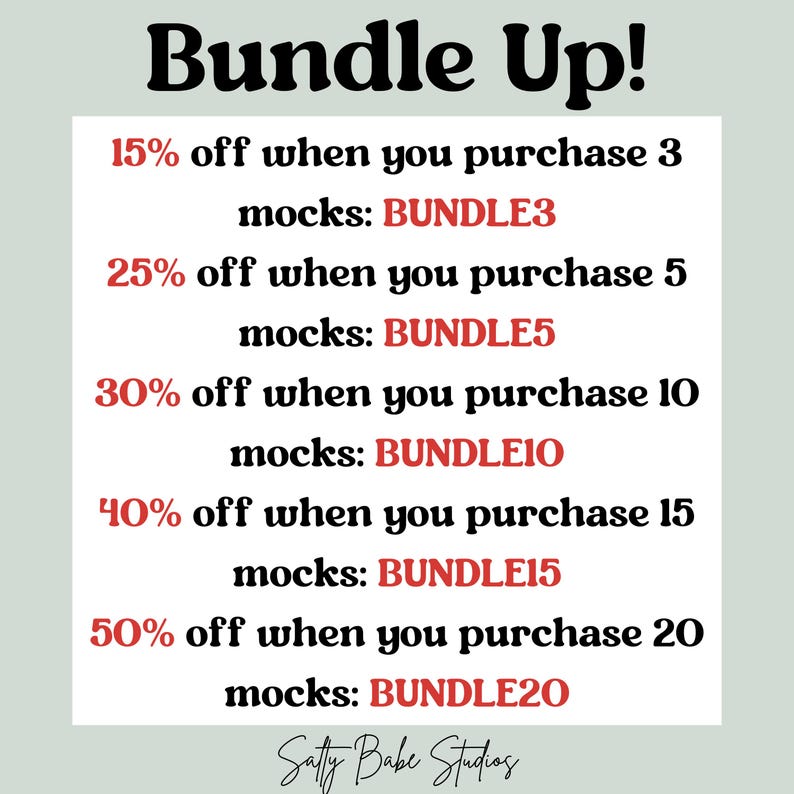 May include: A promotional graphic with the text "Bundle Up!" in bold black letters. The graphic lists discounts of 15% to 50% off when purchasing multiple items, with corresponding discount codes. The text is in black and red on a white background.