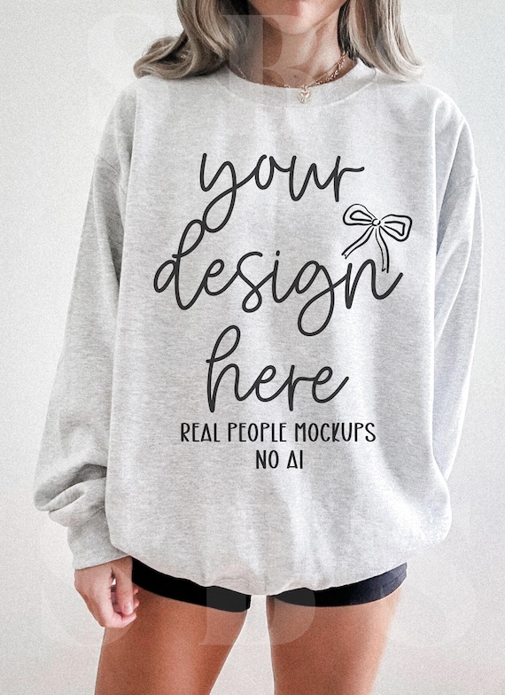Ash Grey Gildan 18000 Sweatshirt Mockup Western Mock Up Ash Gray Sweater Trendy Oversized Crewneck Real Model Boho Aesthetic Coastal Cowgirl