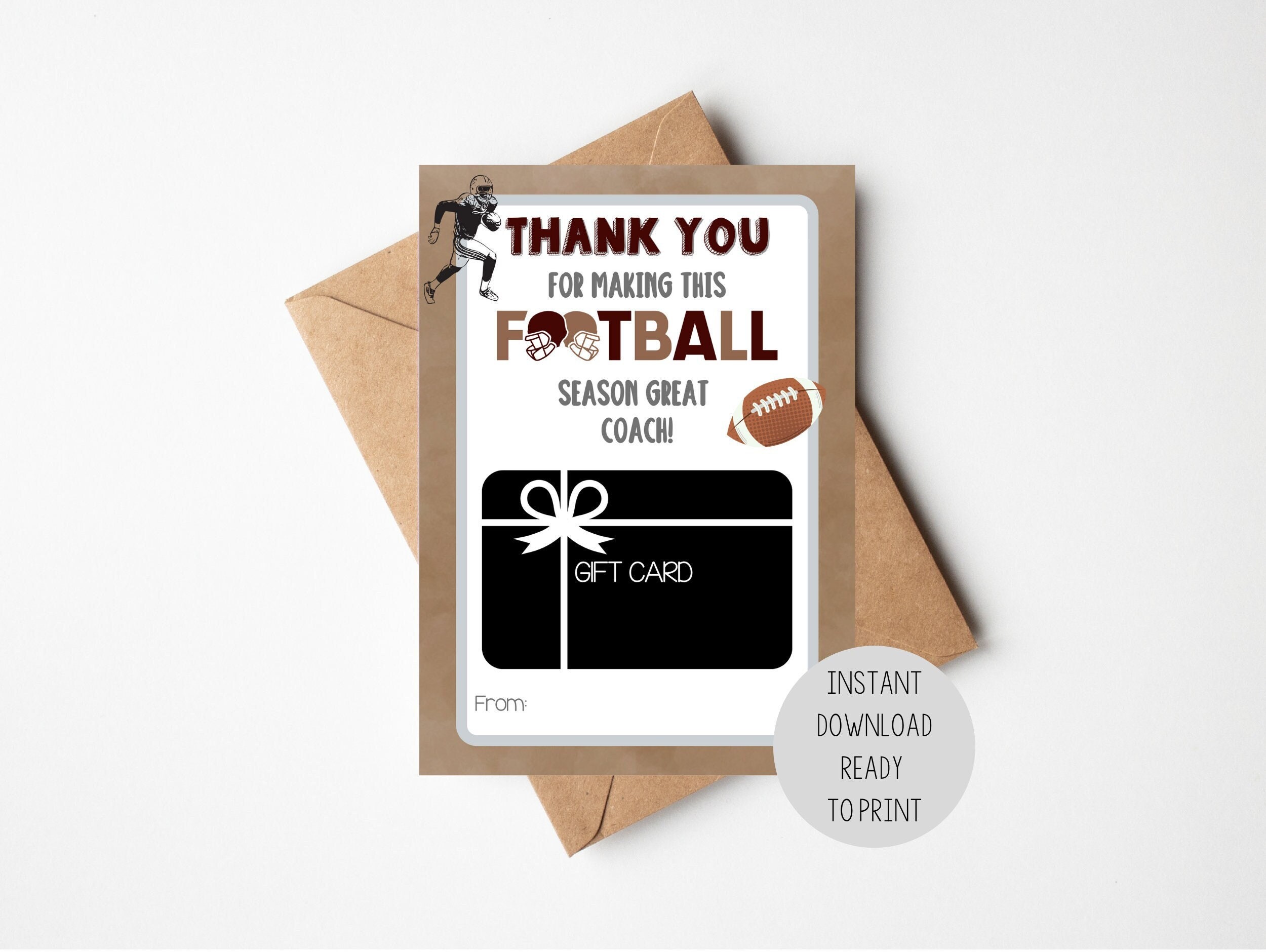 INSTANT DOWNLOAD Printable Football Coach Gift Card Holder Gift for