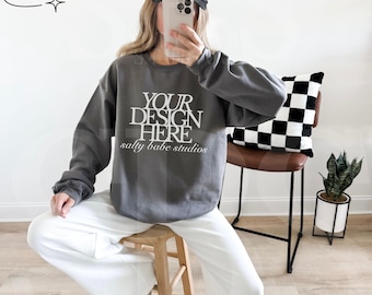 Charcoal Gildan 18000 Crewneck Mockup Trendy Preppy Mocks Aesthetic Sweatshirt Mockup Charcoal Boho Mockup Oversized Sweatshirt Sport MockUp
