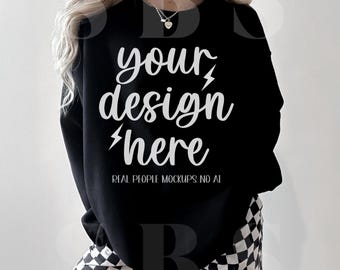 Black Gildan 18000 Crewneck Mock up, Trendy Preppy Mocks Aesthetic Sweatshirt Mockup Dark Boho Mockup Oversized Sweatshirt Sport Mock Up