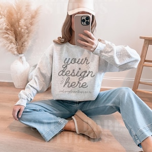 Ash Grey Gildan 18000 Sweatshirt Mockup Western Mock Up Ash Gray Sweater Trendy Oversized Crewneck Real Model Boho Aesthetic Coastal Cowgirl