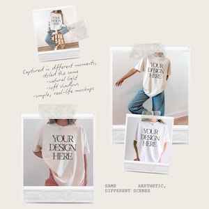May include: A mockup featuring four images of people wearing t-shirts and a sweatshirt. The shirts display the text "YOUR DESIGN HERE". The images are styled with natural light and soft shadows, with the text "Captured in different moments, styled the same" and "SAME AESTHETIC, DIFFERENT SCENES".