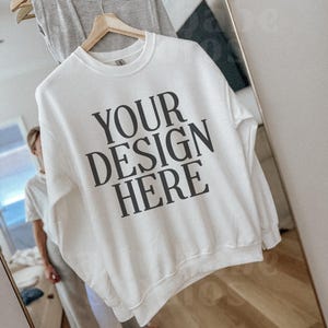 White Gildan 18000 Sweatshirt Mockup: Lifestyle Mockup, Pinterest Aesthetic, G18000 White Mockup, Trending Lifestyle Mockup, Influencer Vibe