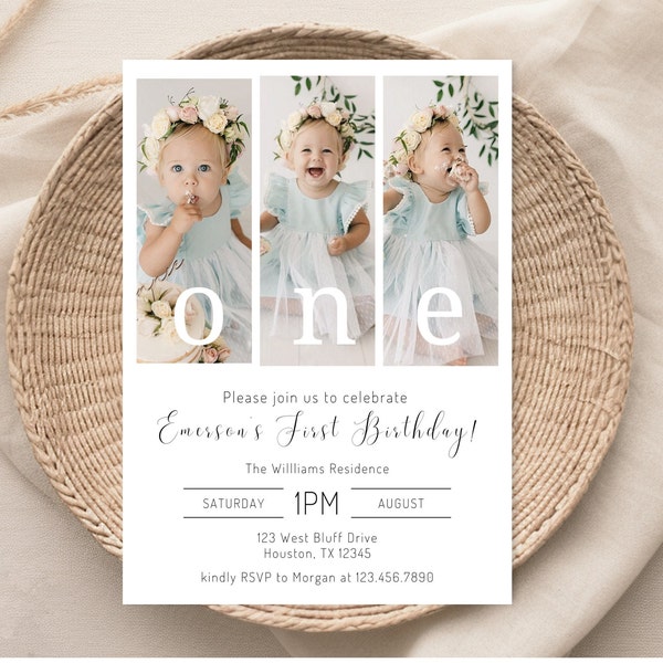 1st Birthday Invitation Girl | Minimal 1st Birthday Invitation Template | Editable First Birthday Photo Invitation | Photo Invitation