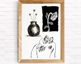 Black and white plants A4 art print from original drawing