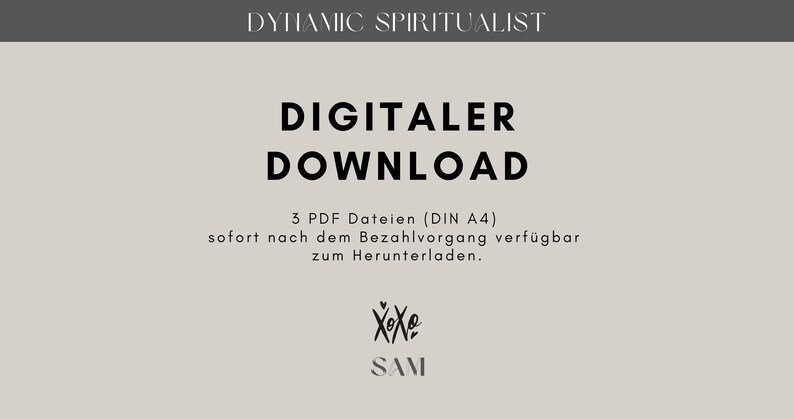 K&ouml;nnte beinhalten: Grafik f&uuml;r digitalen Download mit dem Text "DIGITALER DOWNLOAD" in fetten schwarzen Buchstaben. Darunter steht "3 PDF Dateien (DIN A4)" und weiterer deutscher Text. Die Grafik enth&auml;lt ein Logo mit "XOXO" und dem Namen "SAM".