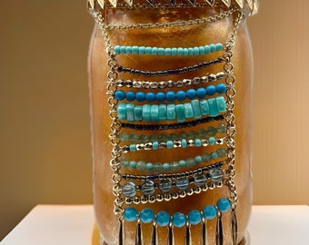 Turquoise & Gold Decorative Glass Jar, Handmade Home Accent