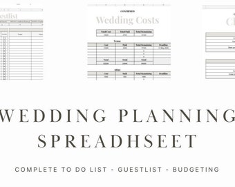 Peut inclure: Un tableur de planification de mariage avec trois feuilles de calcul : une liste d’invités, les coûts du mariage et une liste de contrôle complète pour le mariage. Le tableur est conçu pour aider les couples à planifier leur mariage et à suivre leur budget.