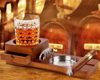 Wooden Cigar Ashtray Coaster Set - Whiskey Glass Tray with Cigar Holder - Great Gift for Men - Home Decor & Cigar Accessories