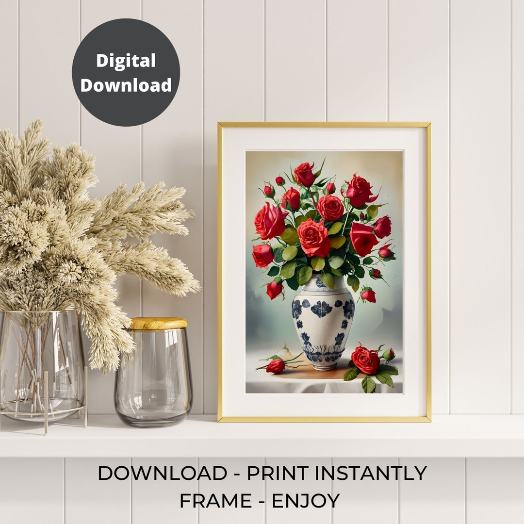 Red Roses Vase Flower Art Print Botanical Watercolors Illustration ...