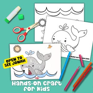Hands-on Jonah and the Whale cut and paste craft for kids, Bible story coloring page with flap to open and see Jonah inside the fish.