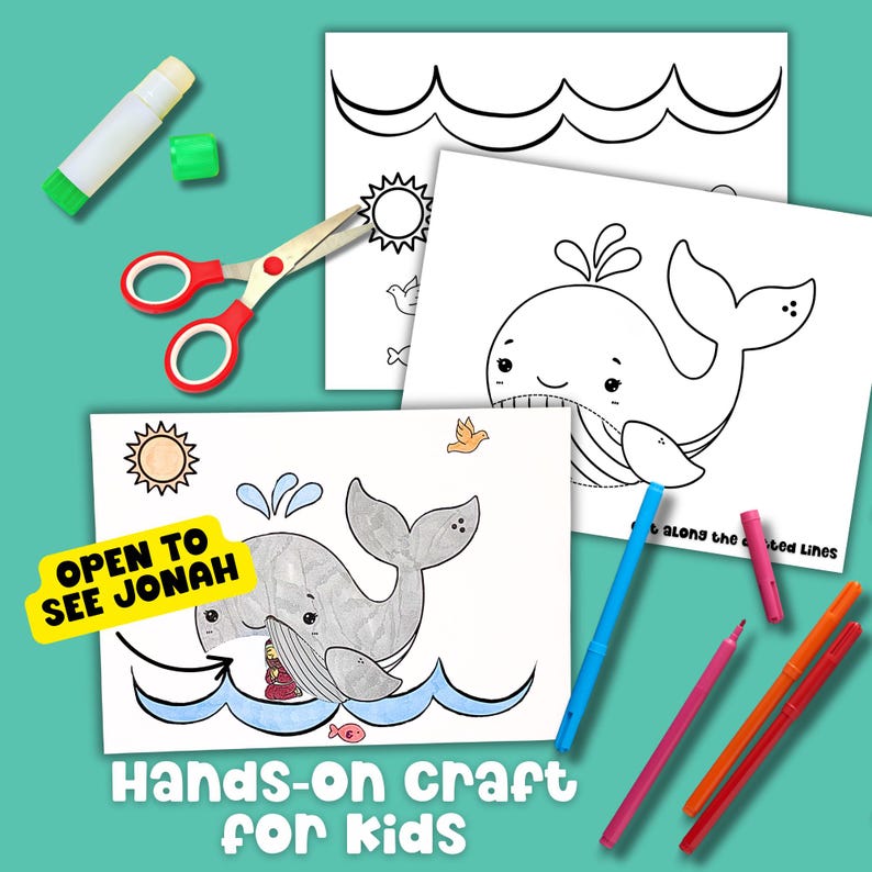 Hands-on Jonah and the Whale cut and paste craft for kids, Bible story coloring page with flap to open and see Jonah inside the fish.