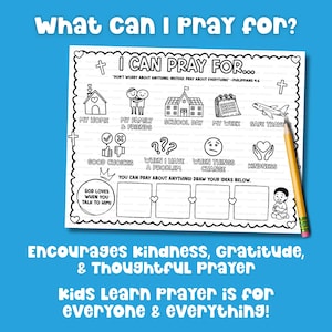 What to pray for activity mat faith based printable showing things kids can pray for coloring sheet.