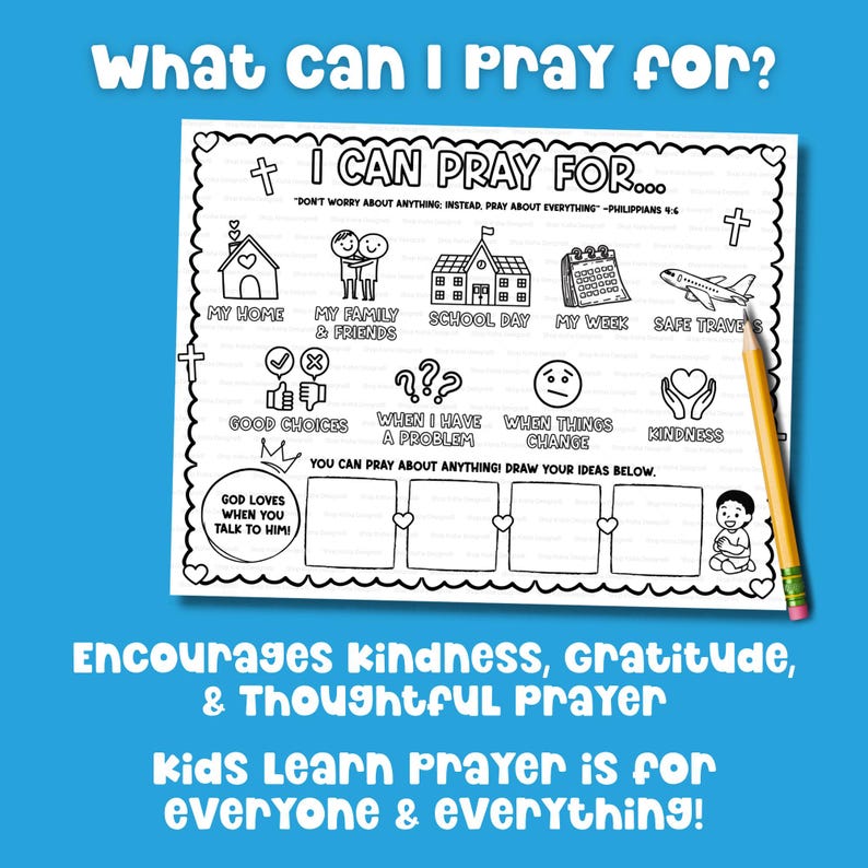 What to pray for activity mat faith based printable showing things kids can pray for coloring sheet.