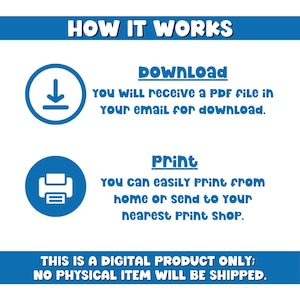 Op de afbeelding: Een blauw-witte afbeelding die uitlegt hoe een digitaal product werkt. De tekst luidt "HOW IT WORKS", "Download", "Print" en "THIS IS A DIGITAL PRODUCT ONLY; NO PHYSICAL ITEM WILL BE SHIPPED."