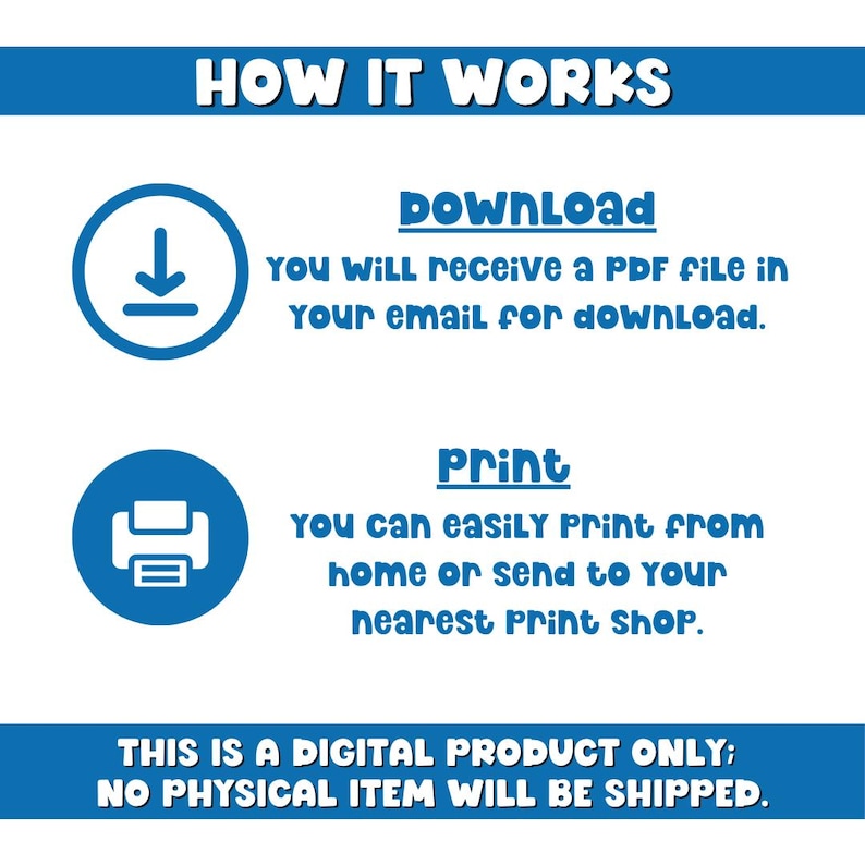 Op de afbeelding: Een blauw-witte afbeelding die uitlegt hoe een digitaal product werkt. De tekst luidt "HOW IT WORKS", "Download", "Print" en "THIS IS A DIGITAL PRODUCT ONLY; NO PHYSICAL ITEM WILL BE SHIPPED."