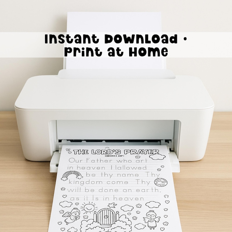 Printable Lord’s Prayer tracing worksheet coming out of a modern printer with text Instant Download Print at Home, digital Christian activity for kids.
