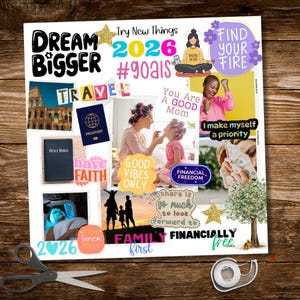 2026 Vision Board Words printable example showing a completed vision board with motivational quotes and images such as Dream Bigger, Good Vibes Only, and Financial Freedom. Includes cutouts for travel, faith, family, and self-care goals. Perfect for goal setting, journaling, and law of attraction inspiration for the new year.