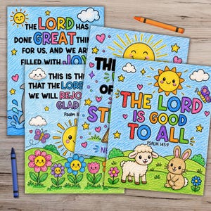 Colored summer Bible verse coloring pages for kids with sunshine, animals, flowers, and scripture designs, faith based coloring pages for Sunday School and VBS printable activities.
