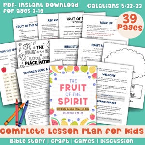 May include: A colorful lesson plan for kids, titled "The Fruit of the Spirit," with the text "Complete Lesson Plan for Kids" and "Galatians 5:22-23." The image includes various pages with activities, Bible stories, and crafts, along with crayons.