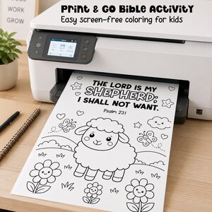 Print and go Bible activity showing a printable scripture coloring page coming from a printer, perfect for Sunday School, homeschool Bible lessons, children’s ministry, and screen-free kids coloring.