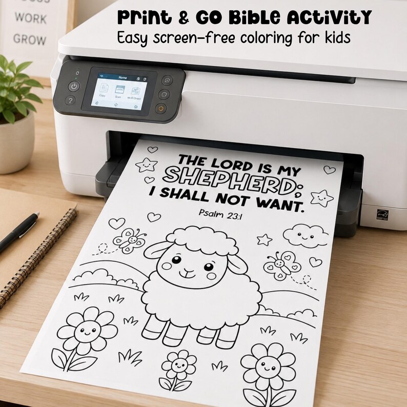 Print and go Bible activity showing a printable scripture coloring page coming from a printer, perfect for Sunday School, homeschool Bible lessons, children’s ministry, and screen-free kids coloring.