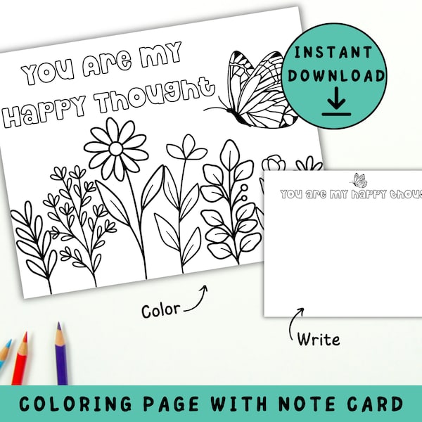 Happy Thought Coloring Sheet for Kid Coloring Page Printable to Color Own Card for Happy Mail Thinking of You Gift Notecard for Gift
