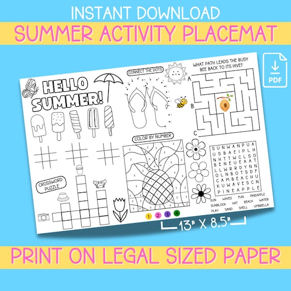 Summer Activity Placemat Coloring Page Printable Table Mat Quiet Activity Mat for Kitchen Placemat for Kid Activity Sheet Word Search Maze