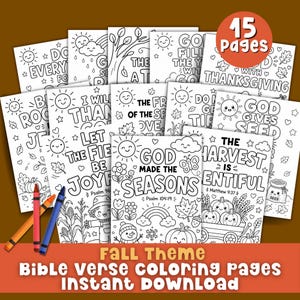 Peut inclure: Un ensemble de 15 pages de coloriage en noir et blanc avec des versets bibliques sur le thème de l'automne, des illustrations de citrouilles, de maïs, de feuilles et de soleils, incluant des textes comme God Made The Seasons et trois crayons.