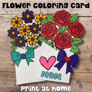 Cartão para colorir flores, aniversário da mãe, recorte de flores, faça seu próprio cartão, presente feito à mão, kit de cartões para impressão para crianças, artesanato de flores da primavera, fácil de colorir