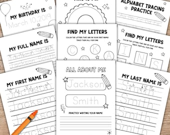 Tracciamento del nome personalizzato stampabile / Quaderno di lavoro per la scuola materna "Tutto su di me" / Esercizi di scrittura a mano per l'asilo / Attività di colorazione con libro interattivo