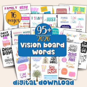 Könnte beinhalten: Eine Sammlung von Vision Board-Wörtern auf weißen Karten mit verschiedenen motivierenden Sätzen in verschiedenen Schriftarten und Farben. Zu den Wörtern gehören "Träume größer", "Verbreite Freundlichkeit" und "Mach mehr". Das Bild enthält auch den Text "Digitaler Download."