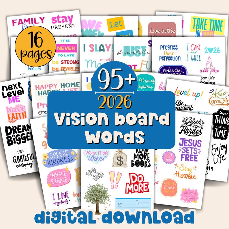 2026 Vision Board Words printable digital download featuring over 95 motivational and positive quote cutouts across 16 colorful pages. Includes affirmations, goal setting phrases, and law of attraction words perfect for creating a 2026 vision board, journaling, or New Year goal planning.
