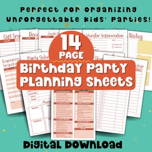 May include: A digital download of 14 printable pages for planning a birthday party. The pages are decorated with confetti and have a red, white, and yellow color scheme. The title of the printable pages is "Birthday Party Planning Sheets".