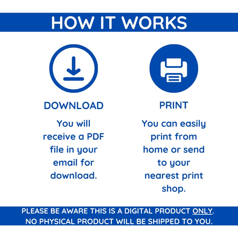 Pu&ograve; includere: Una grafica blu con testo bianco che spiega come scaricare e stampare un prodotto digitale. Il testo recita "HOW IT WORKS" con un'icona di download e il testo "DOWNLOAD" e "You will receive a PDF file in your email for download." La grafica include anche un'icona di stampante e il testo "PRINT" e "You can easily print from home or send to your nearest print shop." Il testo in fondo alla grafica recita "PLEASE BE AWARE THIS IS A DIGITAL PRODUCT ONLY. NO PHYSICAL PRODUCT WILL BE SHIPPED TO YOU."