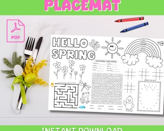 Mantel individual imprimible para colorear con actividades de primavera para niños, mantel individual para colorear con actividades de mesa para niños, página para colorear de Pascua, juego de palabras imprimible para imprimir.
