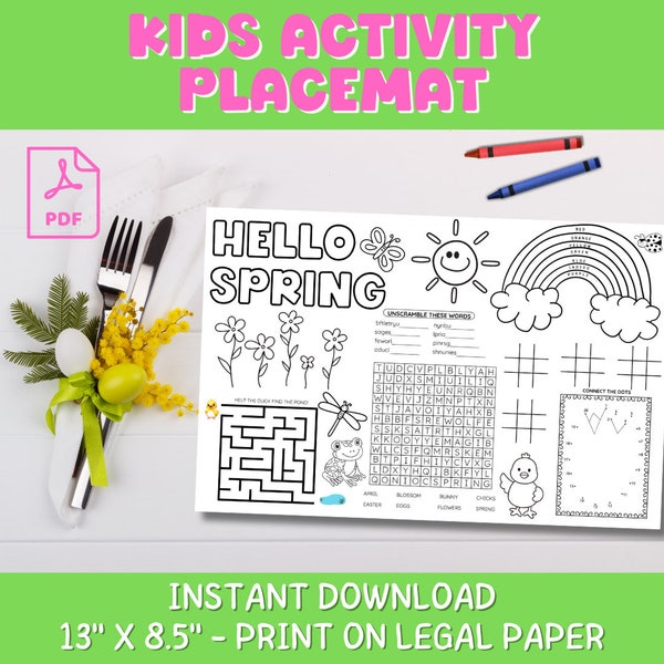 Kid Spring Activity Placemat Printable Coloring Placemat for Kid Table Activity Easter Coloring Page Printable Word Game to Print Placemat