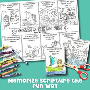 Jonah and the Big Fish memory verse coloring sheet, printable Bible story activity for kids with crayons and scissors.