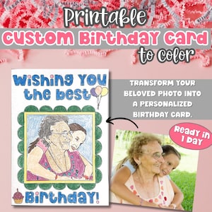 Cartão de aniversário personalizado para colorir e imprimir, atividade de artesanato infantil, cartão de aniversário exclusivo, presente de última hora, imagem personalizada, cartão de feliz aniversário, faça você mesmo, saudação