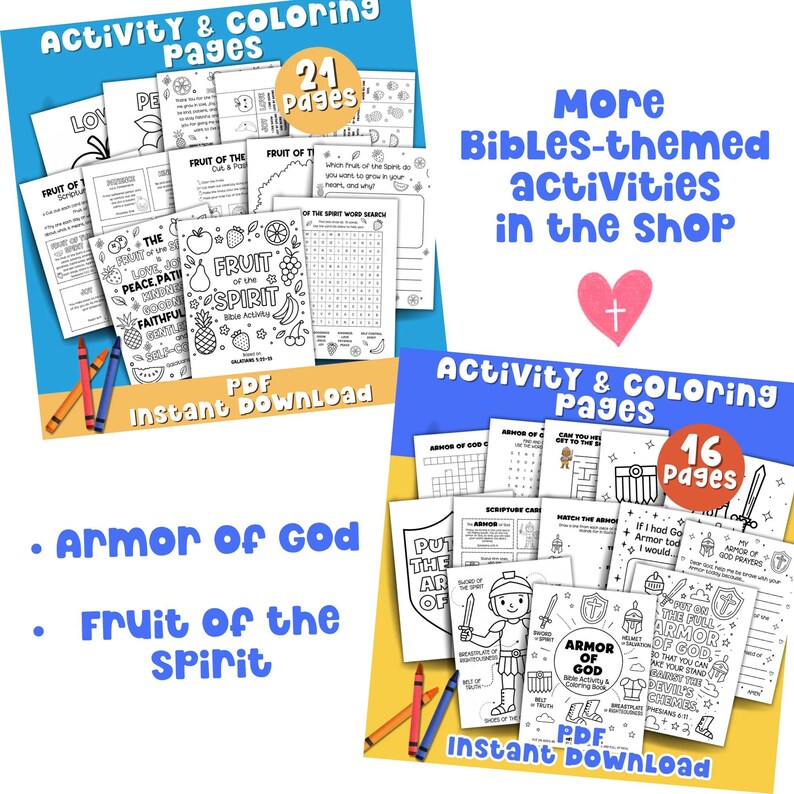 May include: Two printable activity and coloring books with the text "Activity & Coloring Pages". One book has 24 pages and the other has 16 pages. The books feature Bible-themed activities, including "Armor of God" and "Fruit of the Spirit".