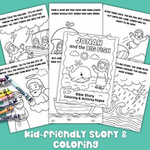 Kid-friendly Jonah and the Big Fish Bible story coloring pages, printable activity pack for Sunday school or homeschool lessons.